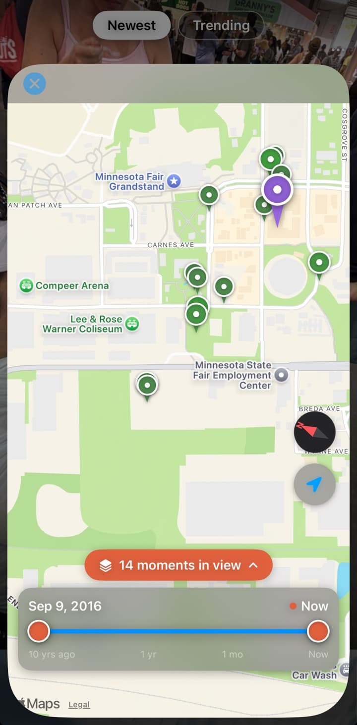 The hey vidi! map over the Minnesota State Fairgrounds, 14 moments pinned in view with a time slider running from 10 years ago to now