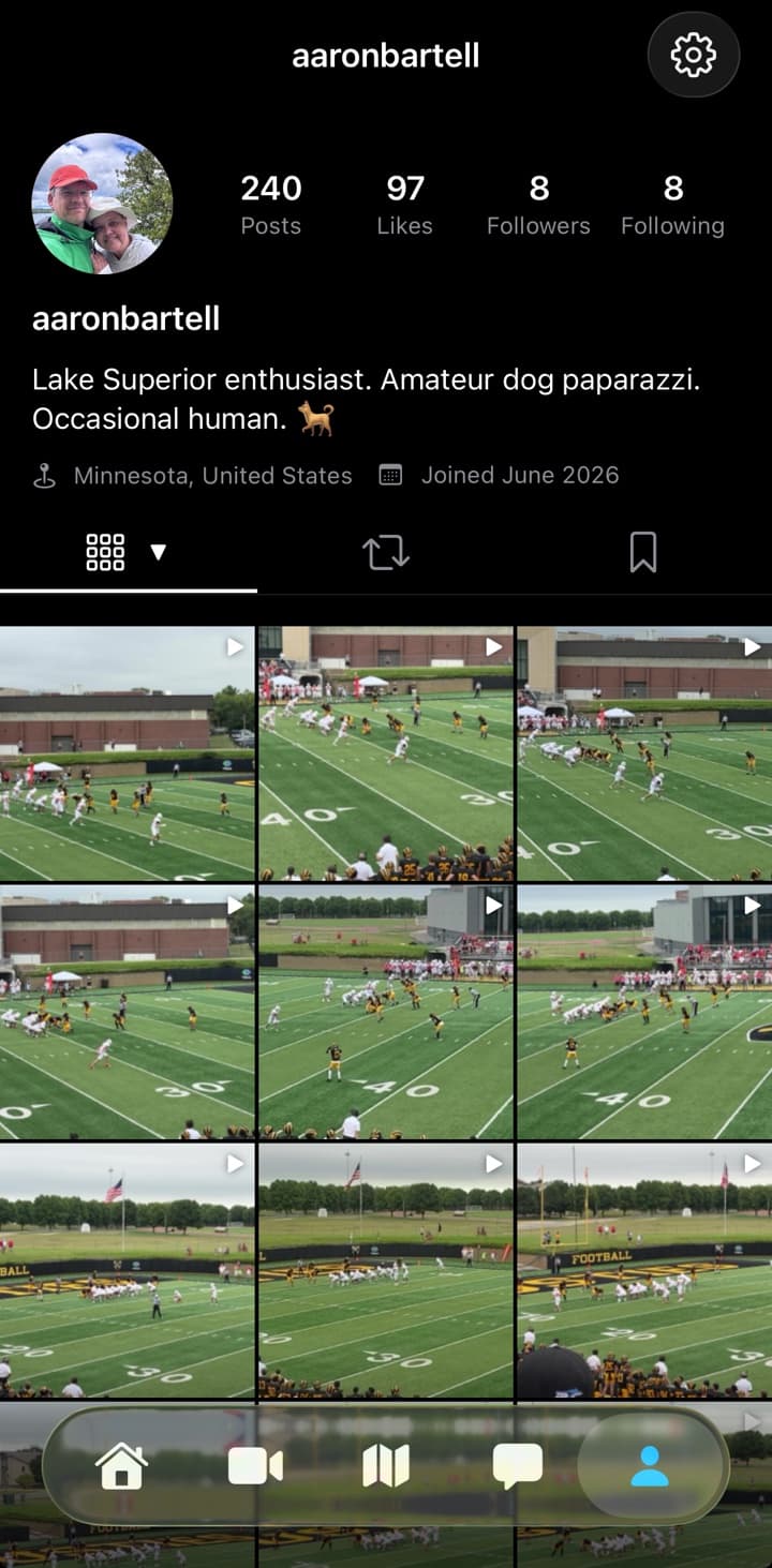 A hey vidi! profile with 240 posts, 97 likes and 8 followers above a grid of captured moments